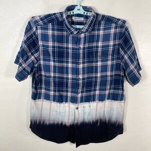 Tommy Bahama Shirt Mens Large Blue Pink Plaid Short Sleeve Button Up Dip‎ Dye